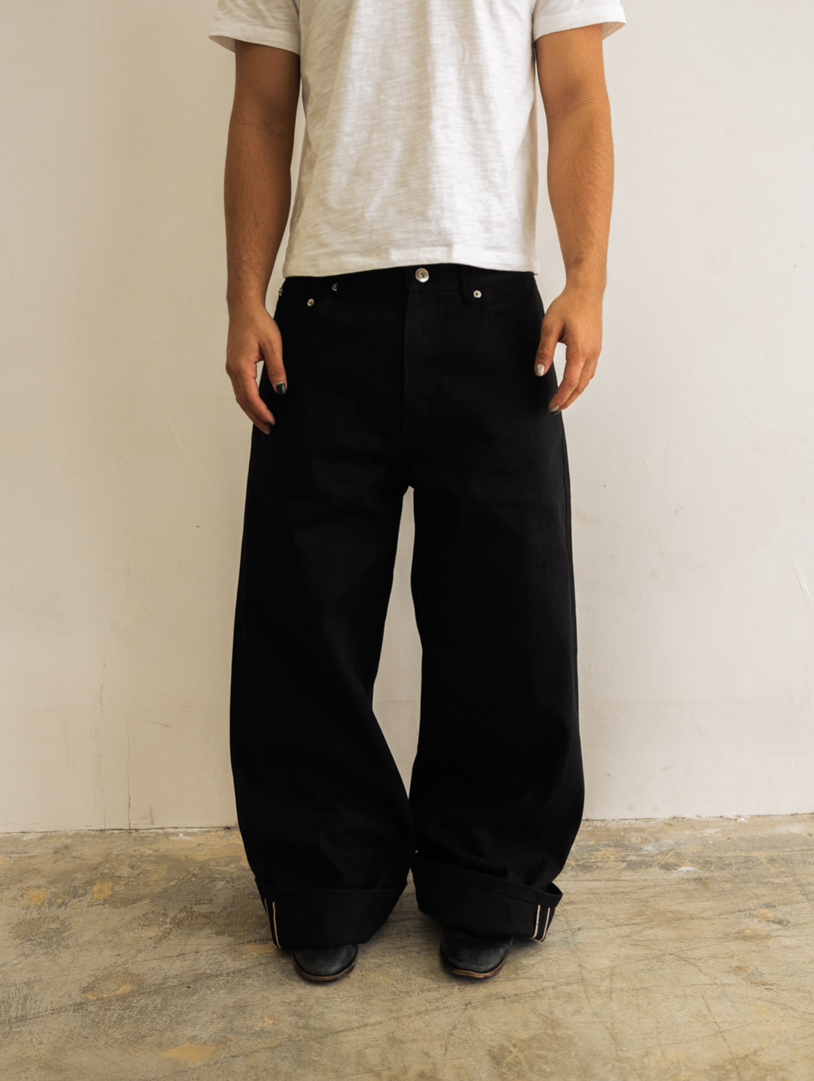 Jet Black Wide Leg Selvedge Denim